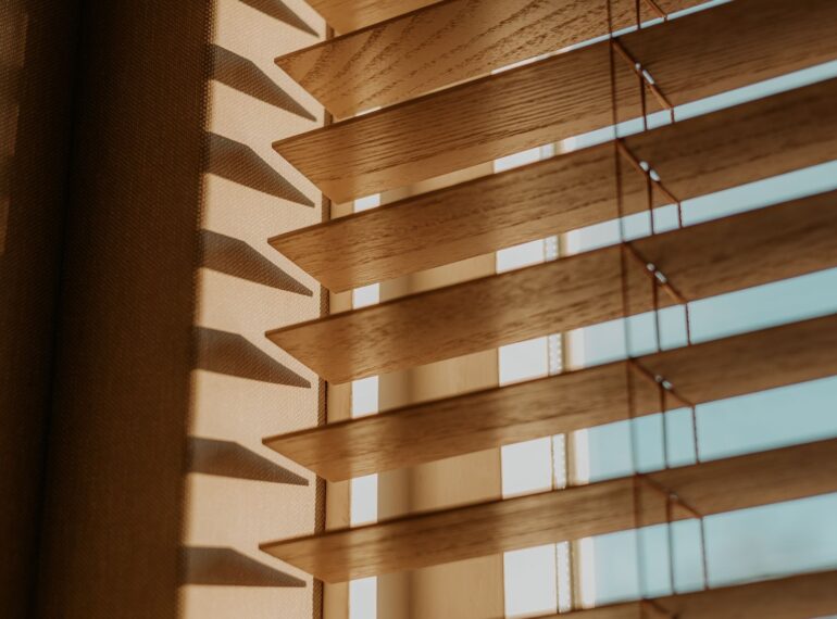 Wooden blinds and window coverings installed in a Calgary home